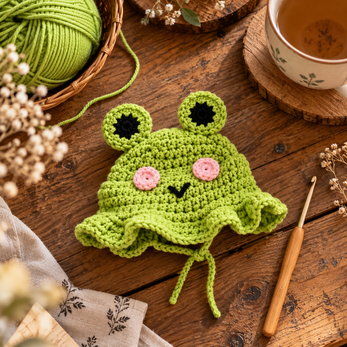 Gehäkelte Froschmütze Flatlay mit Wolle und Häkelnadel