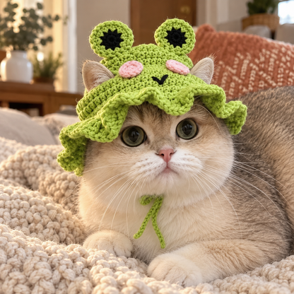 Süße Katze mit gehäkelter Froschmütze - Frontalansicht