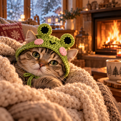 Katze mit Froschmütze am Kamin - Lifestyle