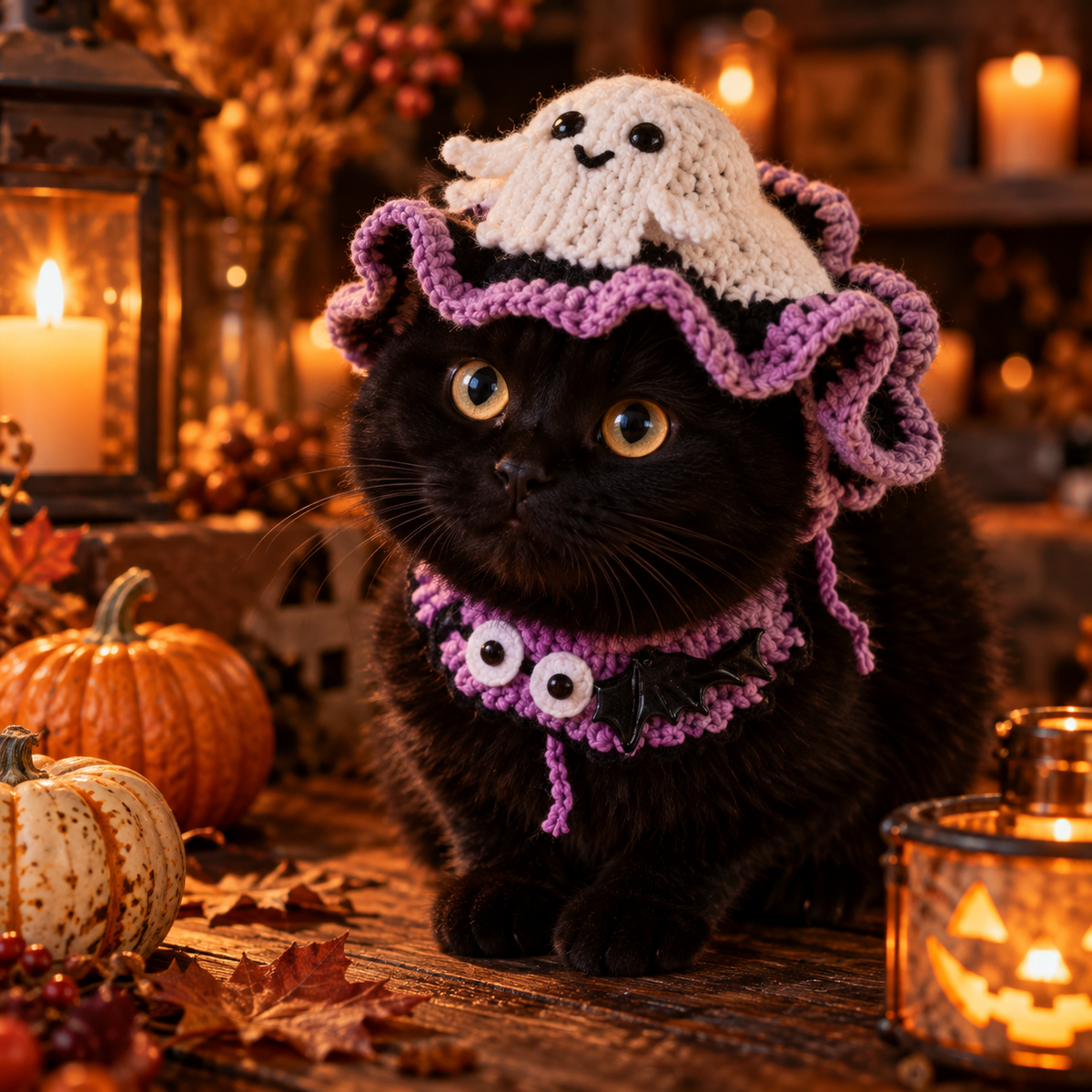 Schwarze Katze mit gehäkelter Gespenstmütze - Halloween