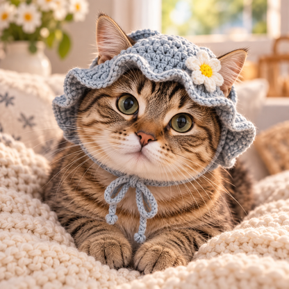 Graues Blümchen Häkelmützchen für Katzen