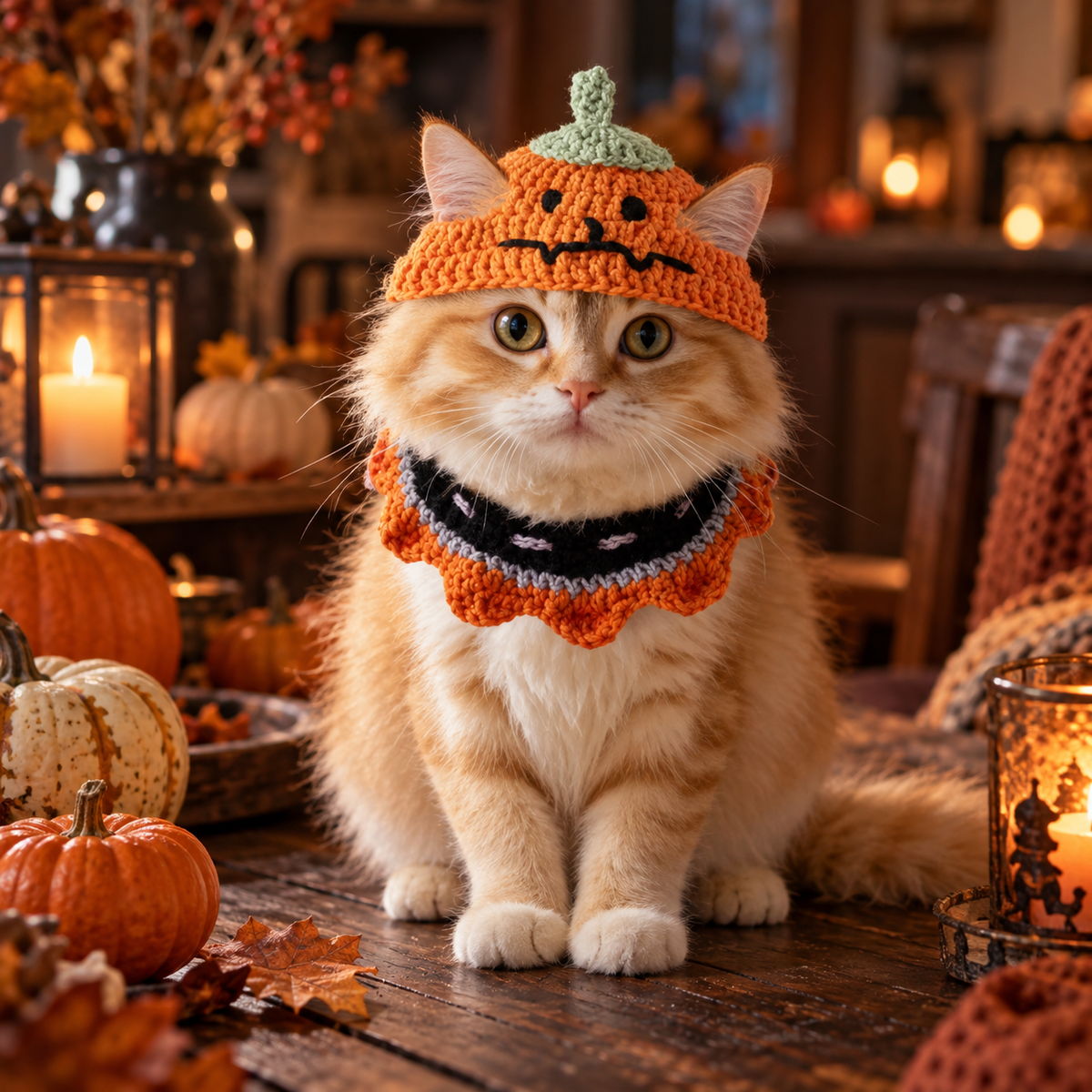 Katze mit gehäkelter Kürbismütze - Halloween