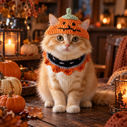 Katze mit gehäkelter Kürbismütze - Halloween