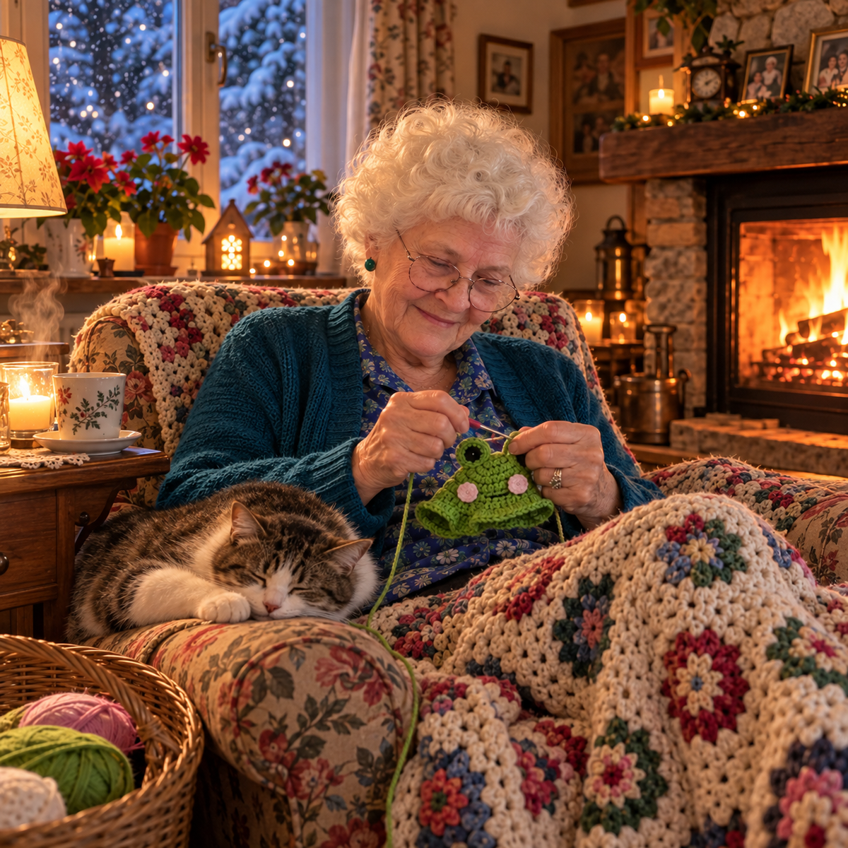 Oma Frieda häkelt ein Frosch-Mützchen mit Katze neben sich am Kamin