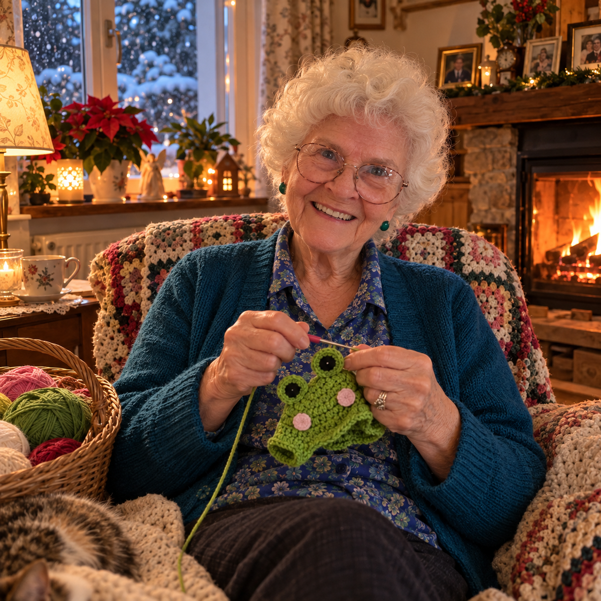 Oma Frieda lächelt und häkelt ein Frosch-Mützchen am Kamin