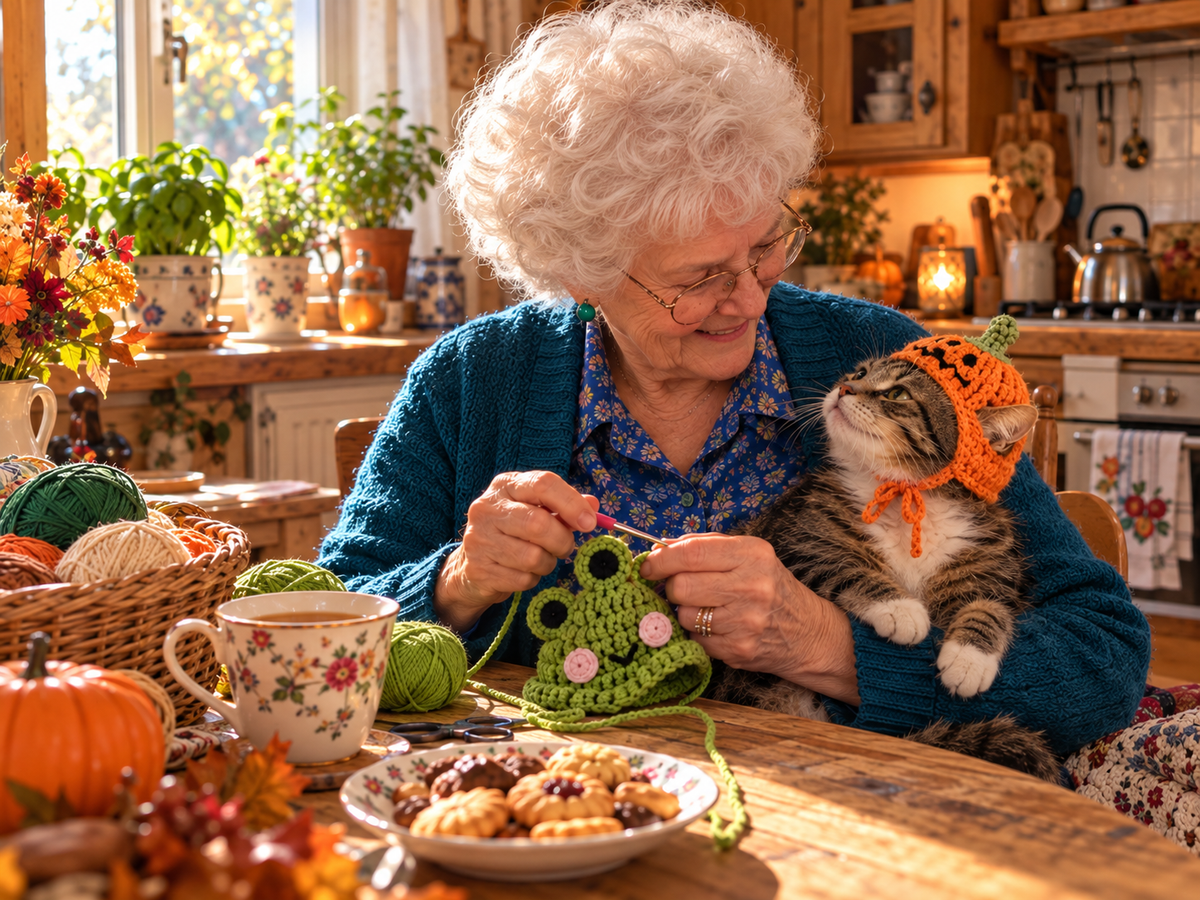 Oma Frieda häkelt Frosch-Mützchen während Katze mit Kürbis-Mützchen zuschaut