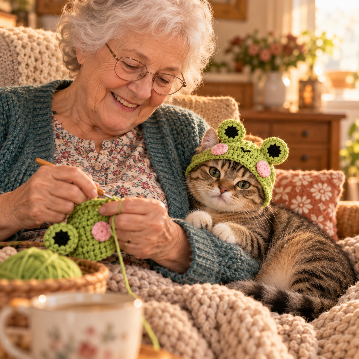 Oma Frieda häkelt eine Froschmütze mit Katze