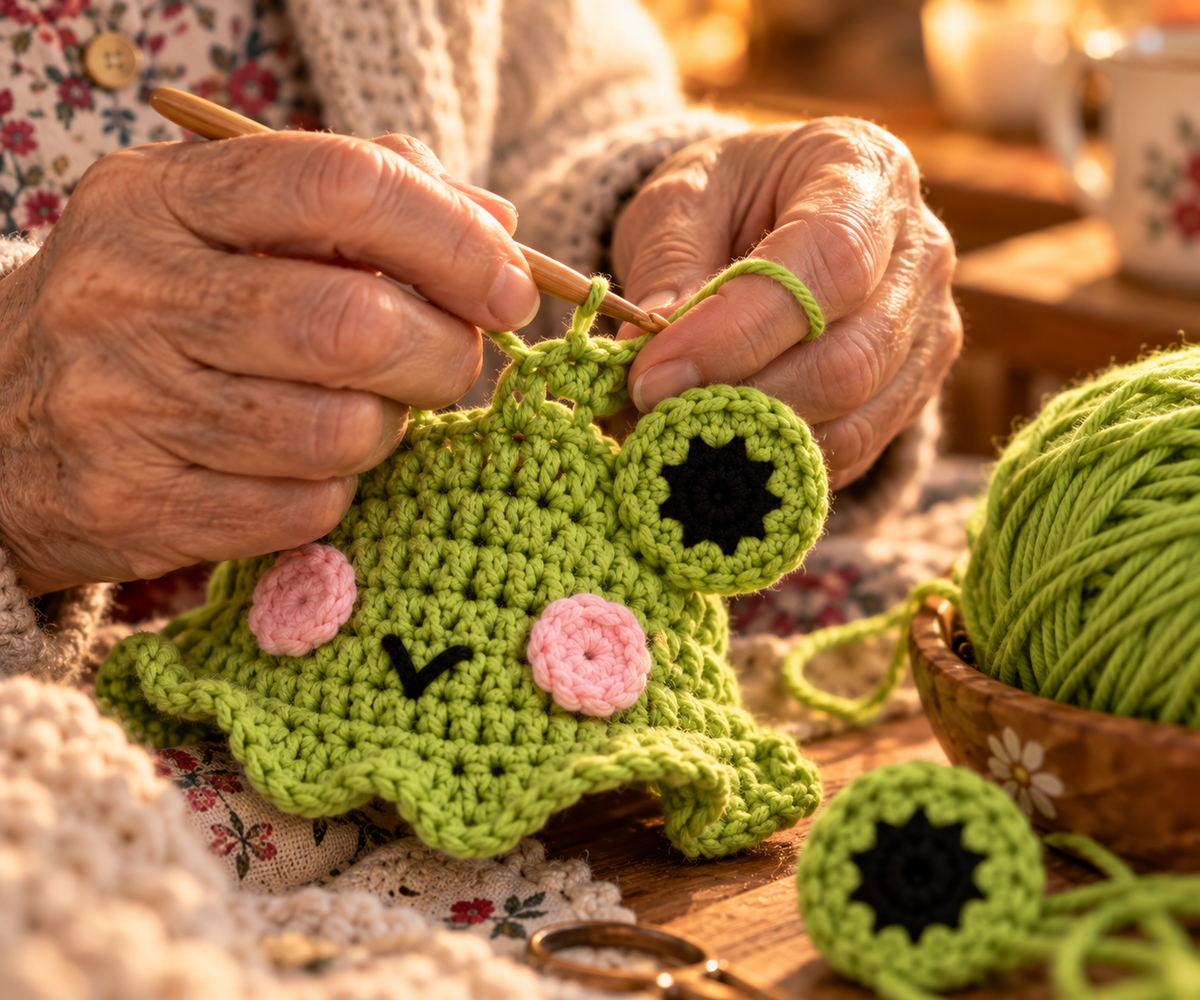 Oma Friedas Hände beim Häkeln der Froschmütze