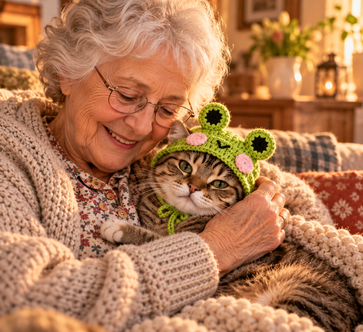 Oma Frieda kuschelt mit Katze die Froschmütze trägt