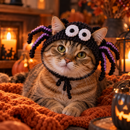 Katze mit gehäkelter Spinnenmütze - Halloween
